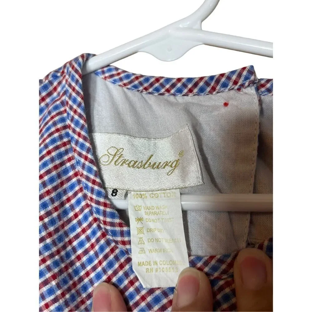 Vintage Strasburg Girls Blue and Red Plaid Balloon Print‎ Long Dress Size 8